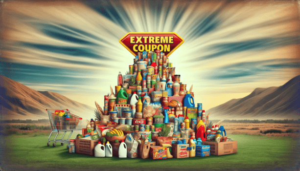 Pyramid of various grocery items with extreme coupons