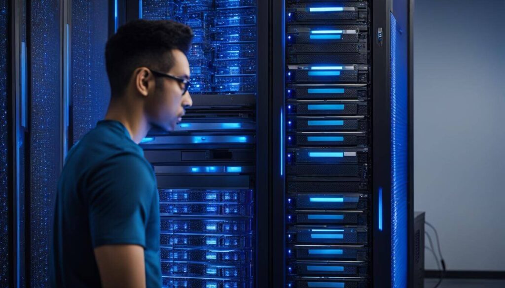 Blue-lit modern server room in a tech company