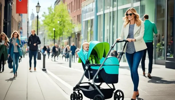 Woman pushing stroller on busy city street