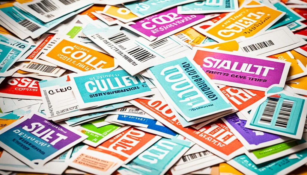 Colorful product labels with barcodes scattered around.