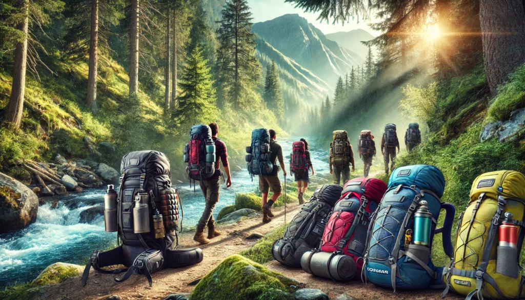 Hikers with backpacks in a forest trail