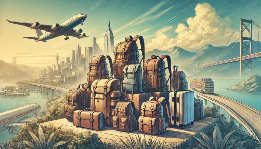 Travel landscape with luggage and transport modes