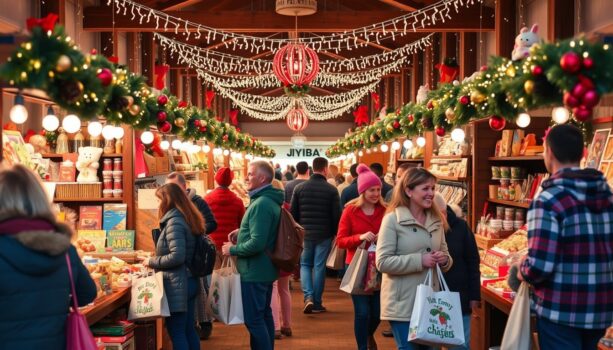 Festive Christmas market with shoppers and decorations.