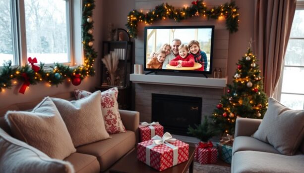 Cozy holiday living room with gifts and decorations.
