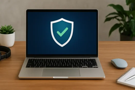 Laptop displaying security shield icon with checkmark.