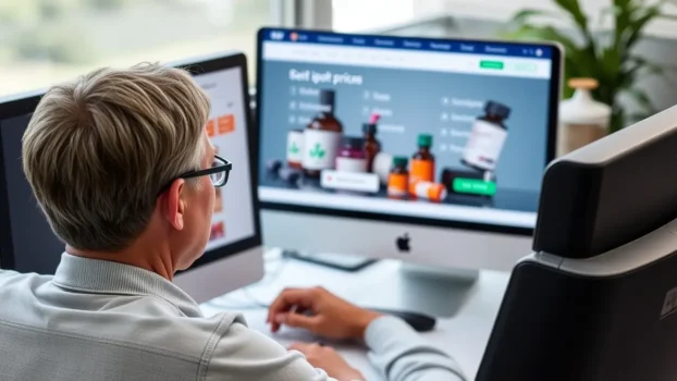 Person comparing prices on computer screens.