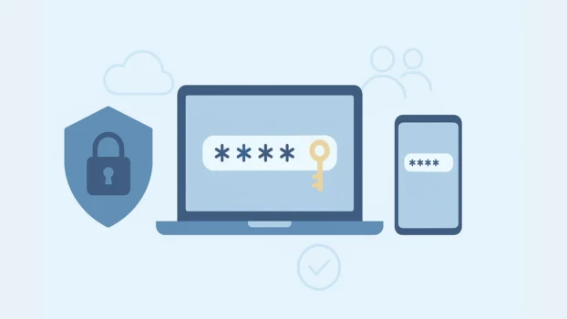 Secure login with laptop and smartphone icons.