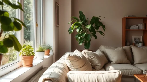Cozy living room with plants and natural light.