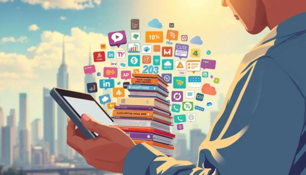 Person using smartphone with floating app icons